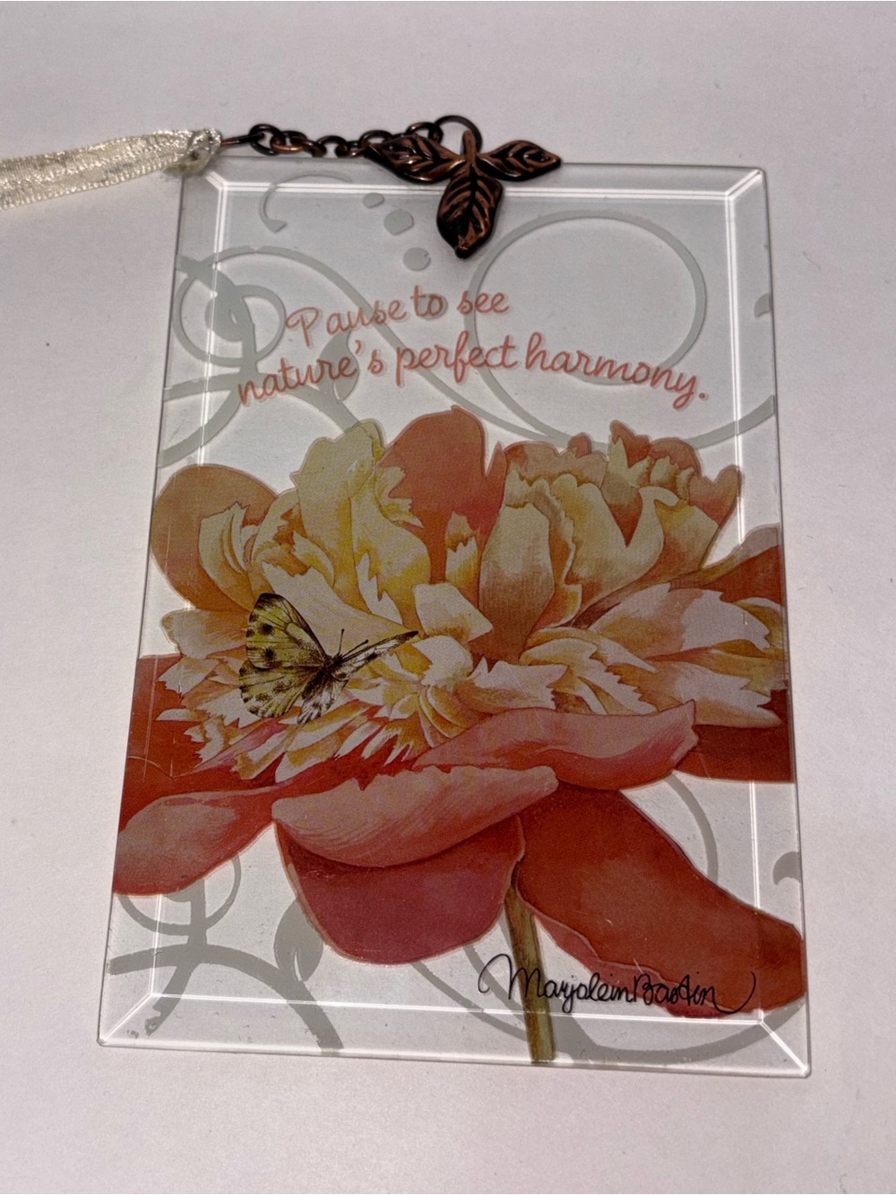 Glass Panel Flower Butterfly Quote Design Wall Hanging by Marjolein Bastin 4”x6”